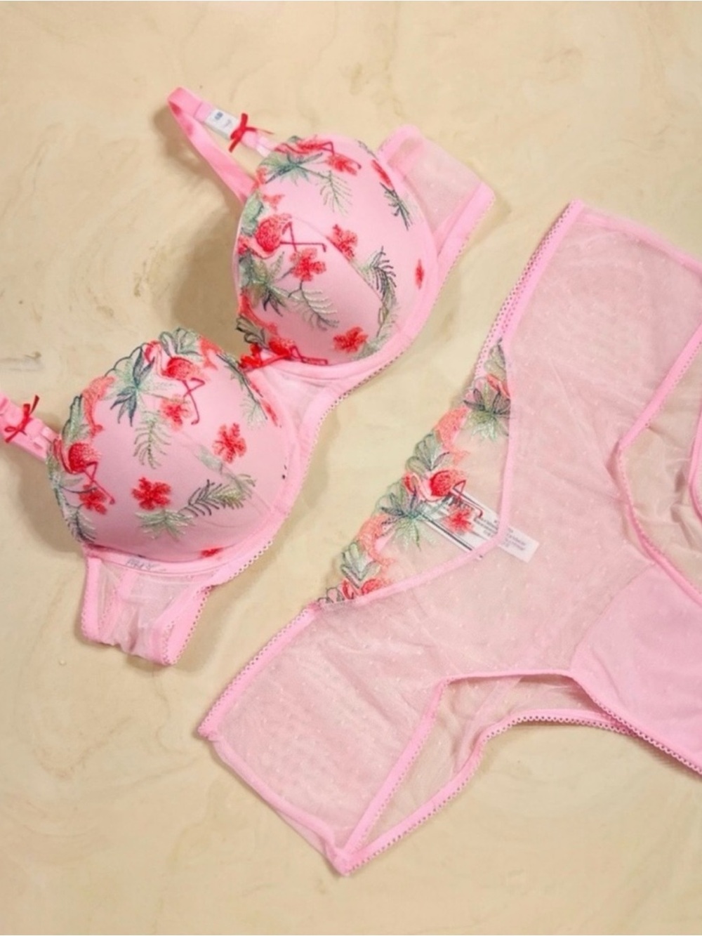 VS PINK Balconette Push-Up Bra Cheeky Panty Pink Flamingo Dolphin Embroidery 36B